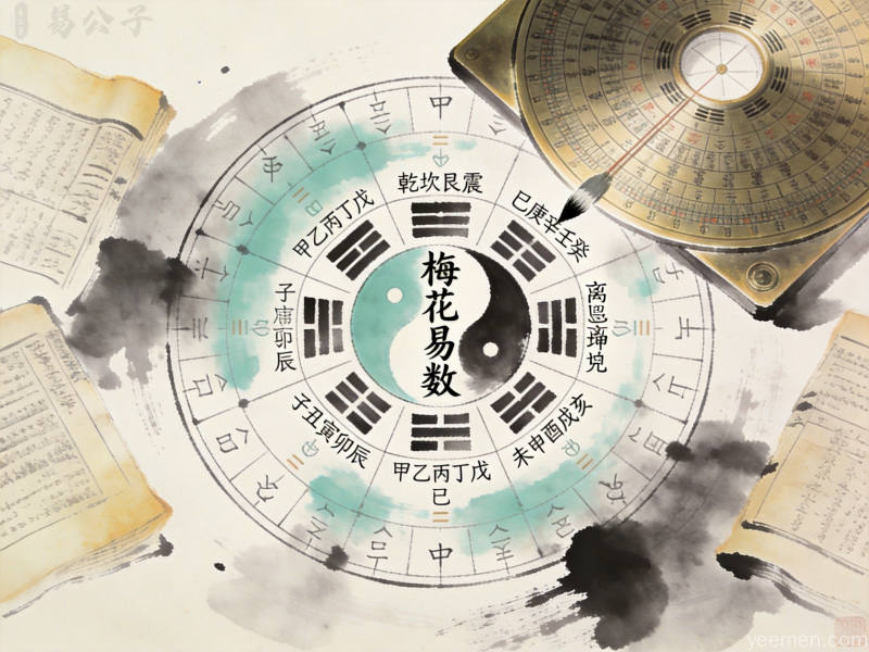 金石篆刻风格梅花易数爻位图,八卦符号以篆刻形式呈现,古朴厚重、传统韵味十足