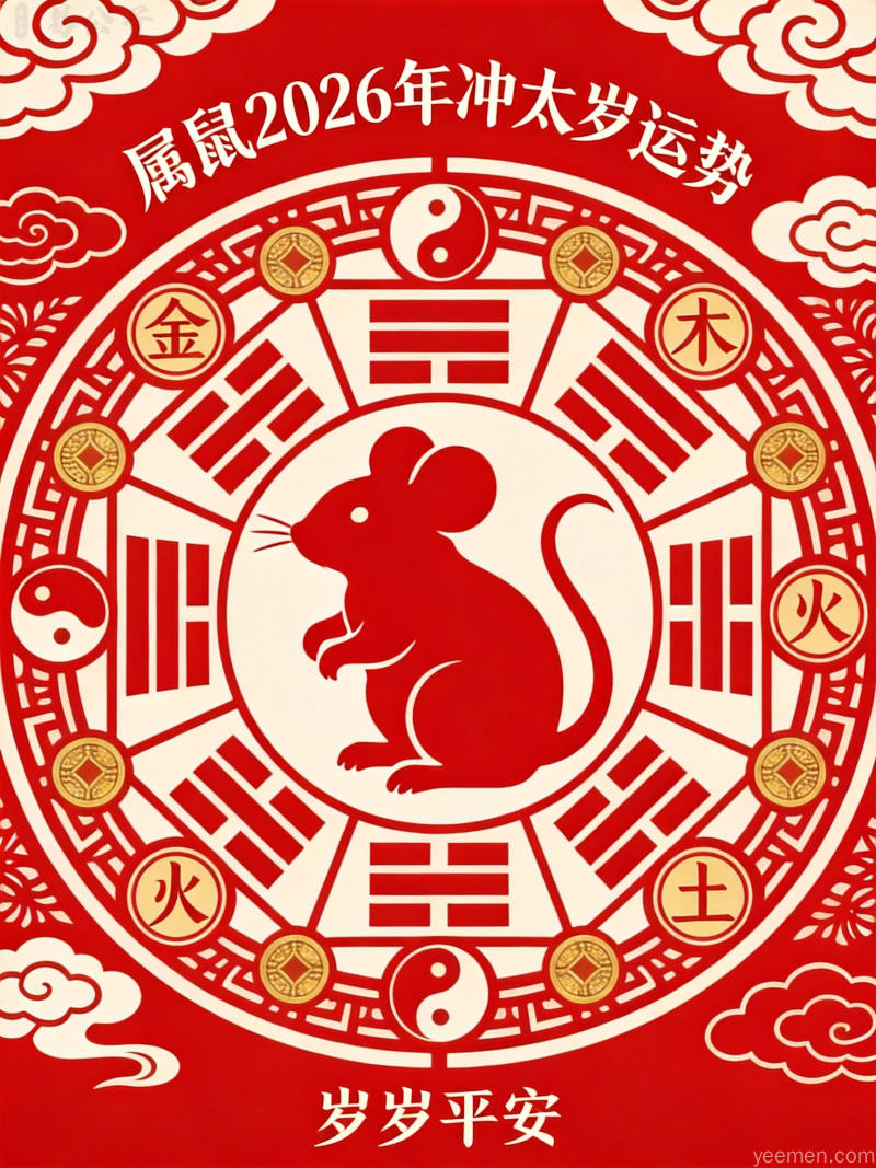 国潮插画风格属鼠2026年财富运势图，属鼠人形象搭配金元宝与铜钱元素，水墨晕染风格呈现财运流动感
