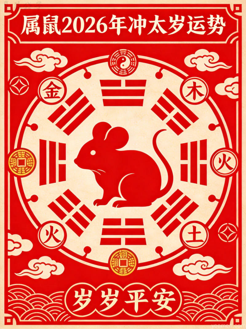 水墨风格属鼠人开运布局图，貔貅与聚宝盆招财摆件置于客厅中央，周围祥云缭绕，整体氛围祥瑞宁静