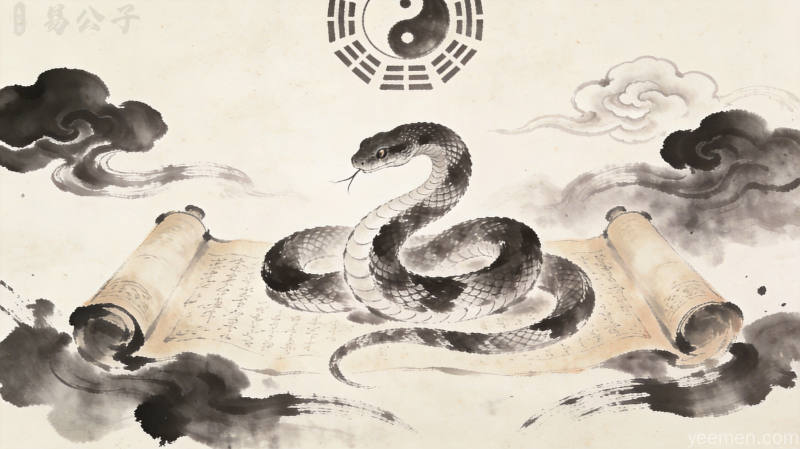 工笔画风格梦境意象，水墨晕染背景中一条蛇在莲花池中游动，周围有古风建筑轮廓，色彩淡雅意境悠远，适合周公解梦传统文转化读文章配图