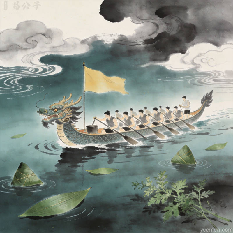 水墨晕染风格端午节图,粽子与龙舟元素,祥云与水波纹背景,古典雅致