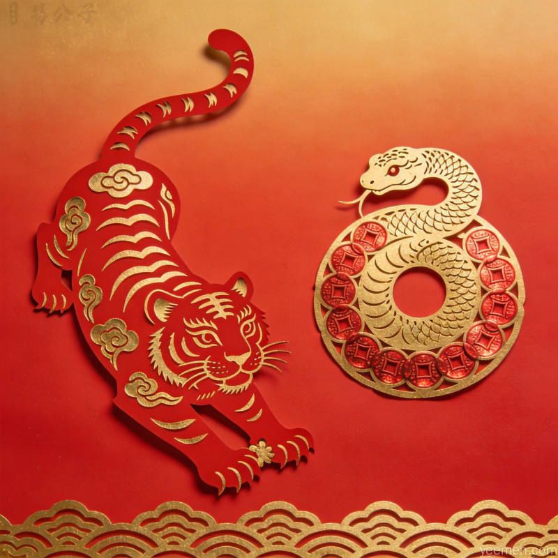 水墨晕染风格生肖运势图,属虎人形象,山水云雾背景,古典雅致氛围
