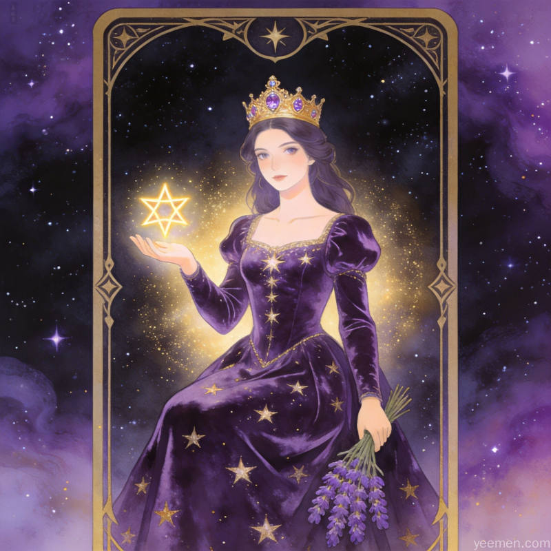 星空梦幻风格塔罗牌图,皇后牌意象,金星符号与星空背景,浪漫神秘氛围