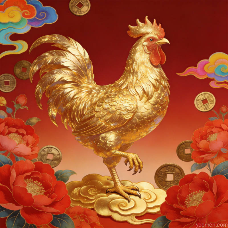 2026属鸡人事业财运分析,国潮插画风格金鸡报晓,祥云铜钱环绕,喜庆吉祥氛围,体现将星贵人加持的事业腾飞与财运稳增