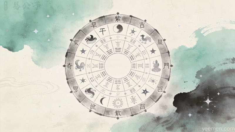 紫微斗数命盘水墨风格，天干地支与星曜图腾交织，宣纸纹理古韵，十二宫位神秘意境