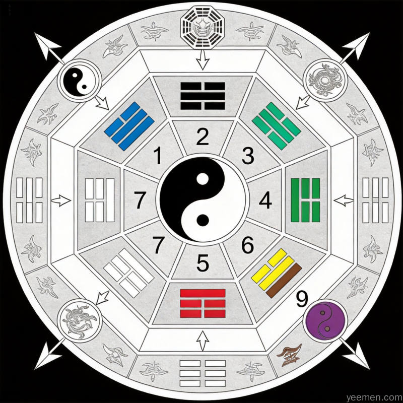 现代住宅平面图，标注各房间方位与吉凶方位分布，配简洁的方位指南