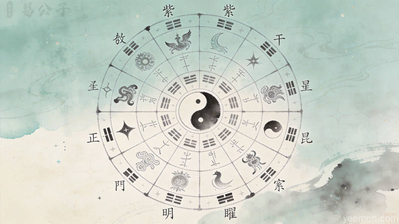 紫微斗数星曜图解，十四主星落宫原理，水墨星图与宣纸纹理结合，祥瑞深邃意境