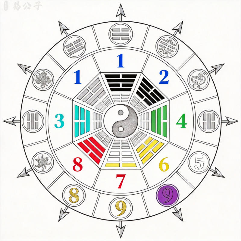 九宫飞星方位图解，清晰标注一白至九紫各星所在宫位，配五行颜色区分吉凶