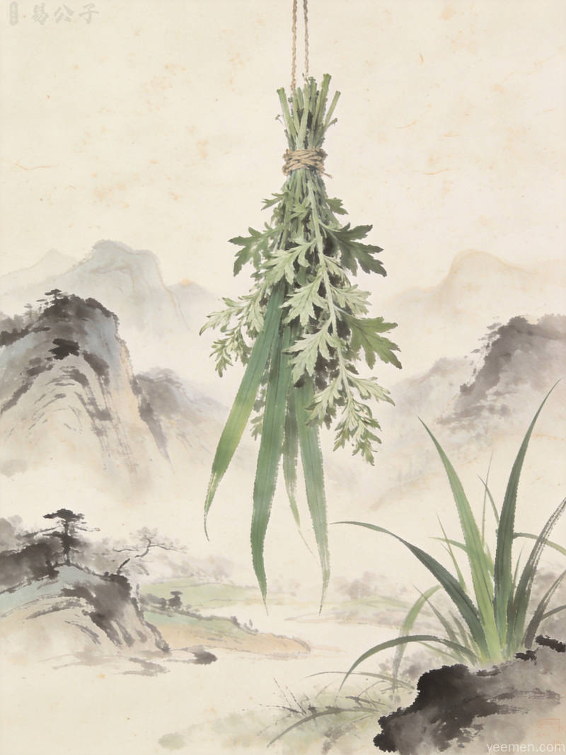 端午水墨画风格艾草菖蒲束，古典雅致意境，悬挂于门楣的传统民俗意象