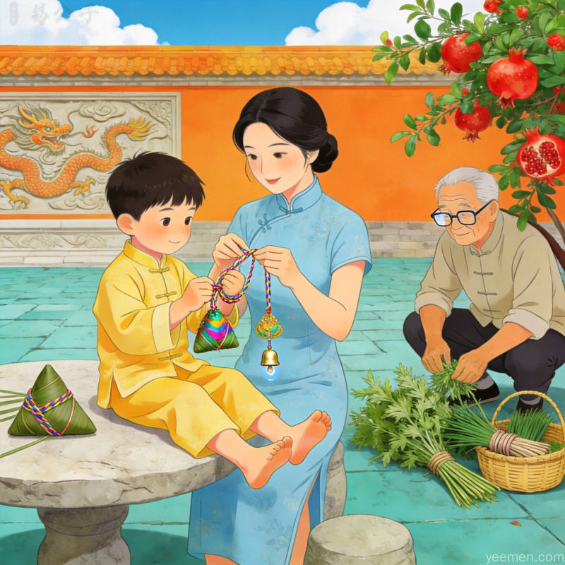 端午节国潮插画风格民俗场景，家庭悬挂艾草孩童佩戴香囊，热闹祥和氛围
