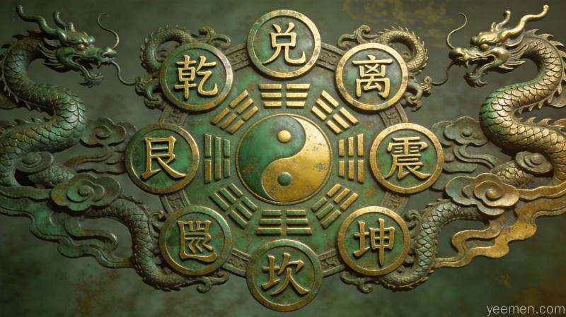 青铜纹样风格的八卦图案，乾兑离震巽坎艮坤八个卦象围绕中心排列，每个卦象以青铜器铭文风格呈现，周围装饰古朴的龙凤祥云纹，整体色调为青铜绿与金黄交织，庄重神秘，皇家气象。