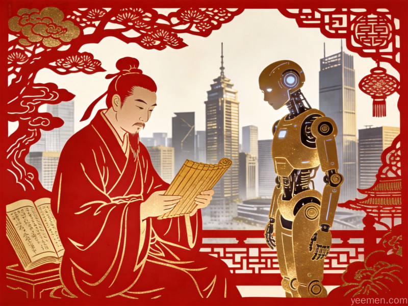 现代都市中身着汉服的学者与AI机器人对话,体现传统文化与科技融合