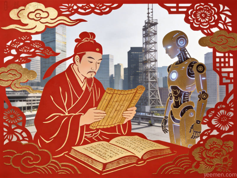 古籍典章与现代数据流交织,体现传统文化在数字时代的价值