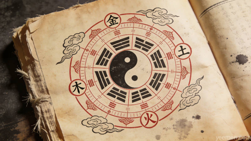 古籍书页质感的五行图，五行符号金木水火土以篆书字体排列，中央太极八卦图，周围点缀祥云纹样与罗盘刻度，画面古朴厚重带有岁月痕迹，整体色调以墨色与朱红为主，传统文化气息浓郁。