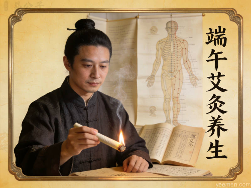 端午艾灸养生场景,宣纸纹理风格传统厚重