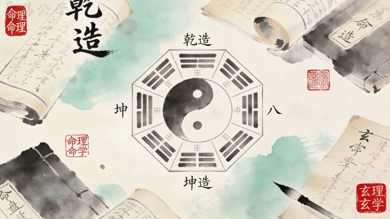 古籍命理风格太极八卦图，四角环绕线装古籍与篆刻印章，水墨晕染呈现传统命理学术氛围
