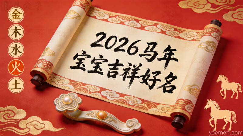 2026马年宝宝吉祥起名主题画面，五行元素与骏马剪影，古典卷轴书法呈现喜庆祥瑞氛围