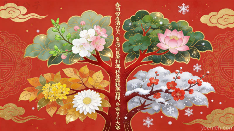 传统书法风格的二十四节气处世哲学图，写有春生夏长秋收冬藏与二十四节气歌，中国人的时间哲学