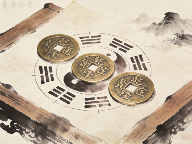 六爻占卜心念凝聚图,展示静坐冥想与八卦阵图,象征人天感应的传统文化内涵