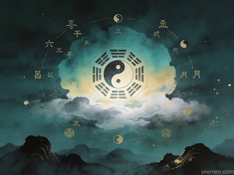 六爻命理学习图,展示古籍书页与五行相生相克图解,体现传统文化的厚重历史感与学术研究氛围