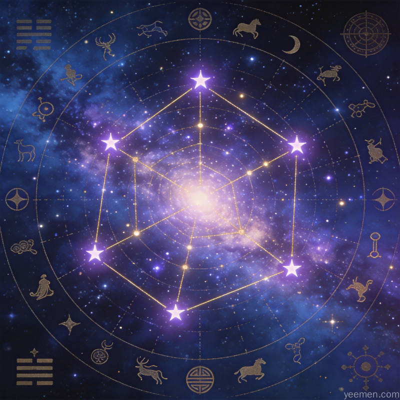 南斗六星图:星象图展现南斗六星的排列,天府星居中为尊,其余五星环绕,寓意南方星宿承载福泽与荫庇之力