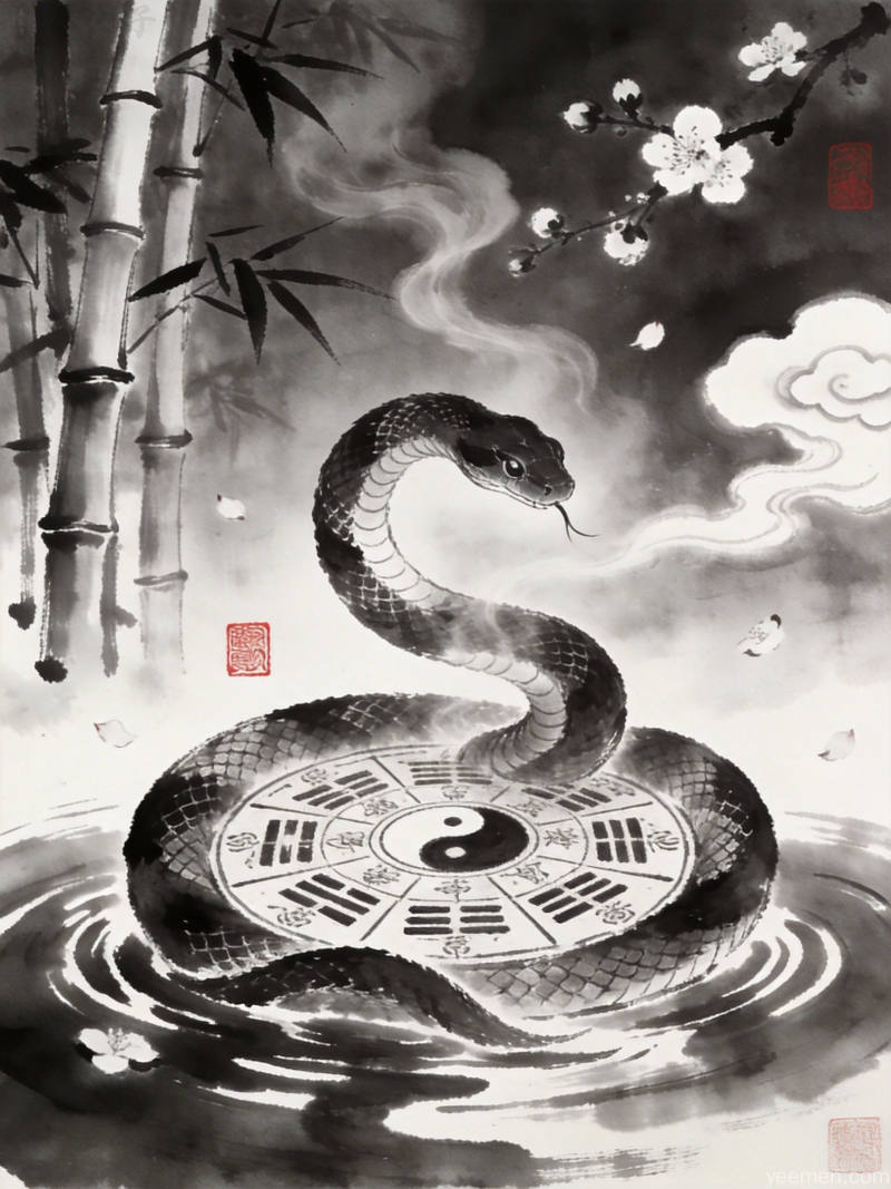 传统纹样中景图,祥云缭绕中的蛇形纹饰,体现古典祥瑞宁静的国风美学