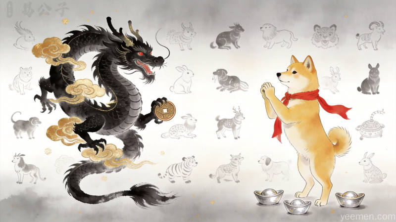 国潮插画风格六月生肖运势图,红榜生肖龙狗与其他生肖对比,五行磁场分析配图