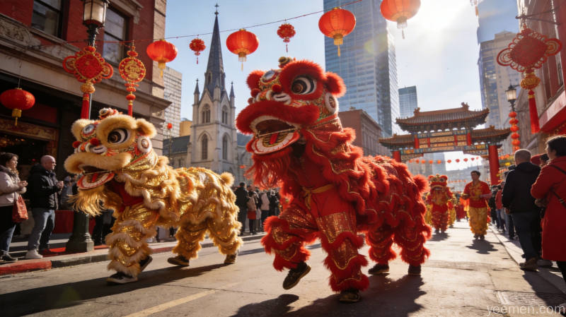 海外唐人街春节庆典,舞狮队伍穿行西方建筑街道,中西方文化交融的节日盛况