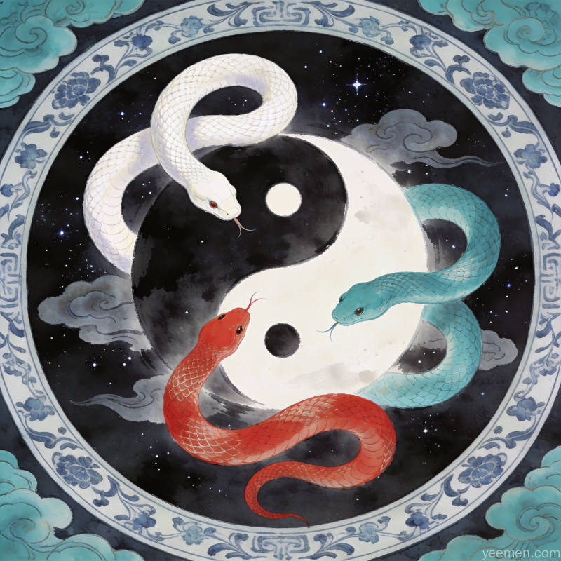 白青红三色蛇盘旋于太极图周围，深色星空背景配以祥云纹样，青花瓷纹装饰边框