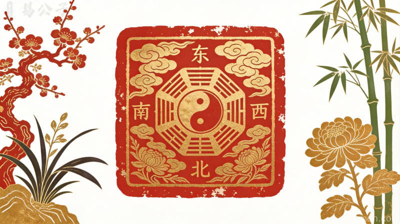 红色篆刻风格的面部方位图，金色底纹配以梅兰竹菊纹饰庄重典雅