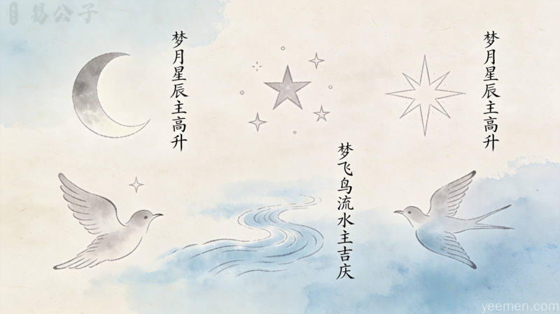 宣纸纹理上的古代解梦符号图谱，月亮星辰与飞鸟流水的手绘图案