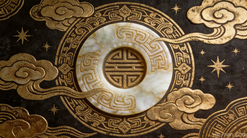 古铜器纹样底纹上的太极玉璧特写，云纹星辰环绕传统厚重质感