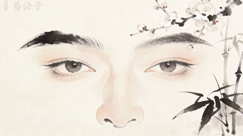 水墨留白风格的五官抽象描绘，眉眼鼻的水墨笔触配以梅花竹子点缀