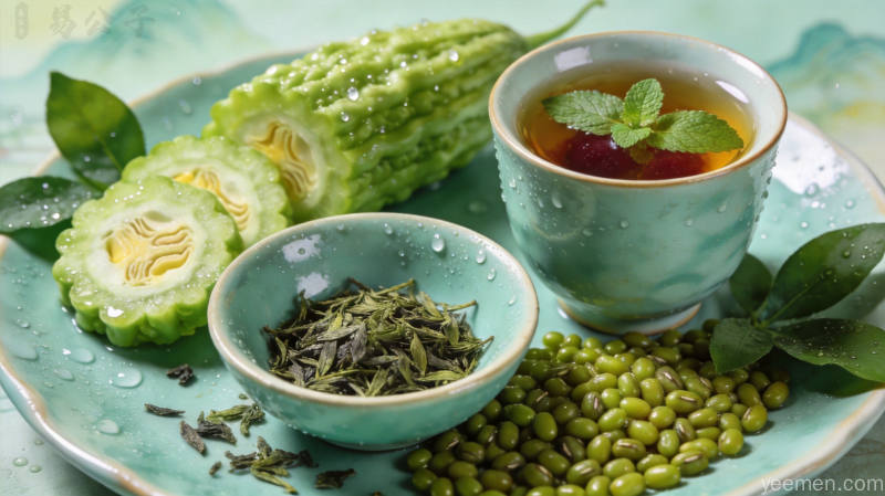 夏至时节:传统典籍中的养生智慧与饮食文化 1 国潮风格的夏日养生食材静物,苦瓜绿豆绿茶搭配青瓷餐具