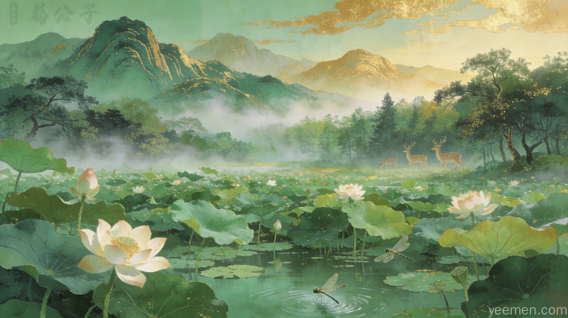 夏至时节:传统典籍中的养生智慧与饮食文化 3 青绿山水风格的夏日荷塘远景,荷花盛开晨雾缭绕
