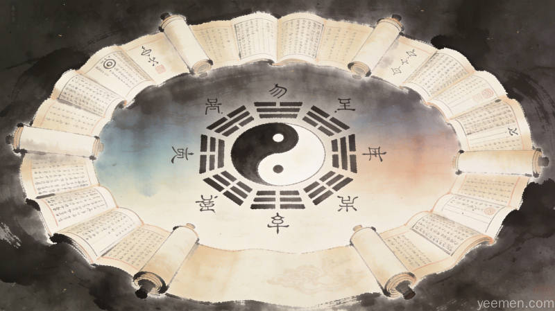 邵雍与梅花易数:一套让普通人也能上手的传统推演体系 1 水墨风格的先天八卦太极图,环绕天干地支符号与古书卷轴