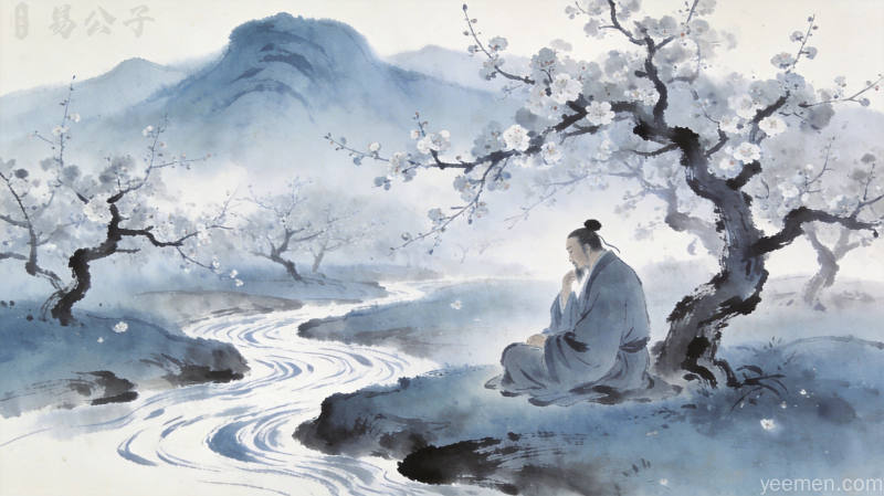邵雍与梅花易数:一套让普通人也能上手的传统推演体系 3 水墨晕染风格的宋代学者梅花树下静坐沉思,远山如黛