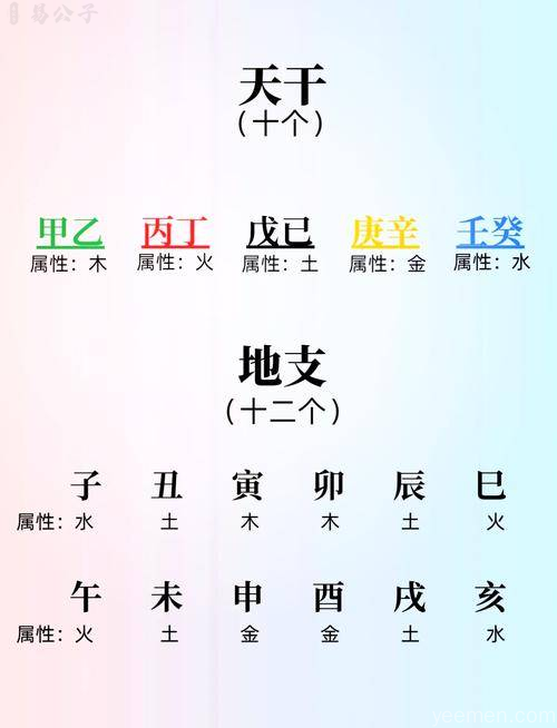 天干地支五行属性对照图：展示木火土金水五行与十天干十二地支的对应关系