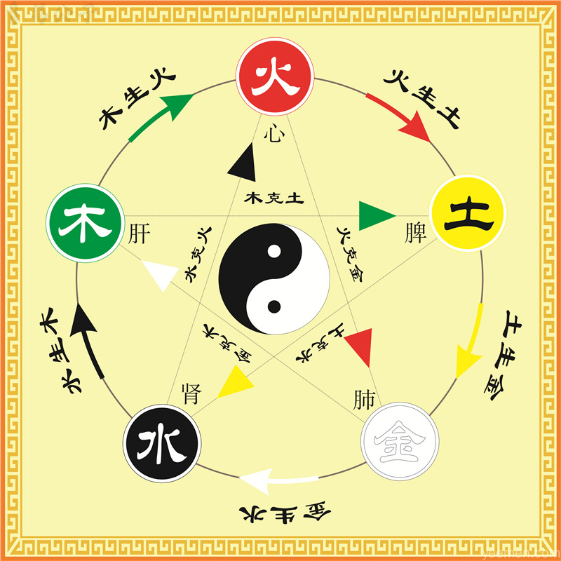 八字阴阳五行与天干地支关系图解：五行木火土金水对应心肝脾肺肾，阴阳太极与五行相生相克配合天干地支形成完整命理体系