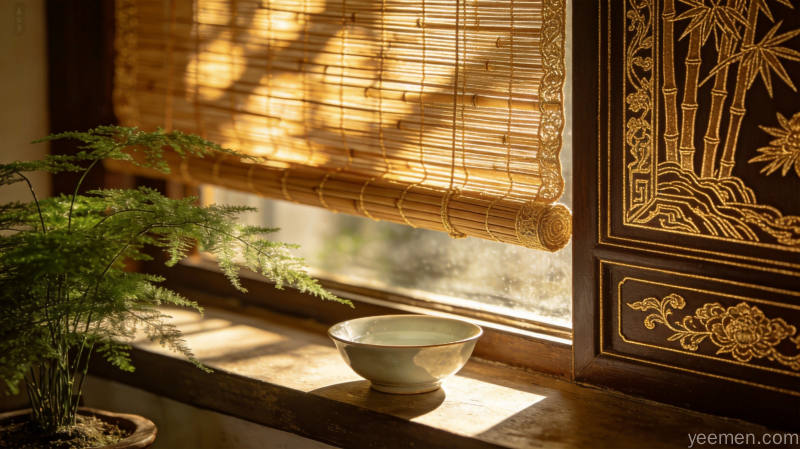传统居住文化中夏季空间布局的调整智慧 2 传统居室特写,竹帘光影与窗台清水瓷碗及文竹盆栽