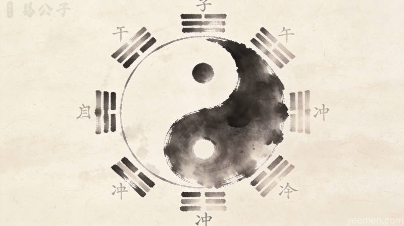 水墨晕染命盘图案，天干地支符号若隐若现，宣纸纹理背景，呈现子午相冲的命理意象