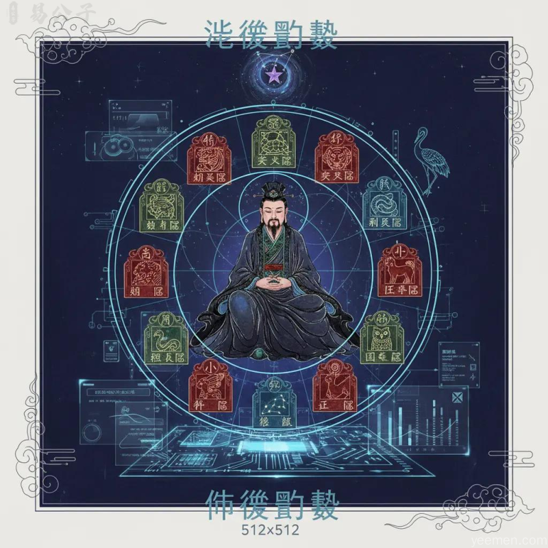 紫微斗数入门:十二宫位诀看清一生格局 2 紫微斗数命盘解析:古代道家人物与星曜法阵的融合画面