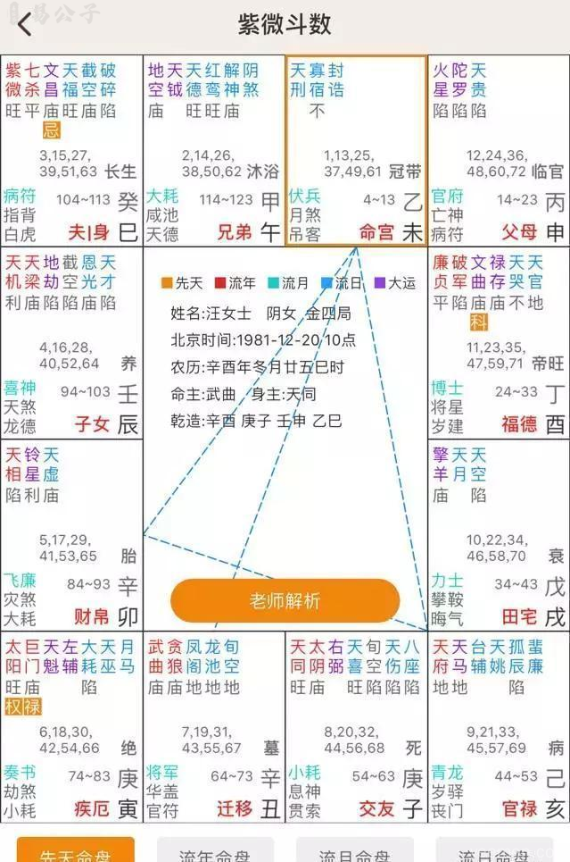 紫微斗数入门:十二宫位诀看清一生格局 3 紫微斗数命盘示例图:展示汪女士命盘中十二宫位与星曜配置