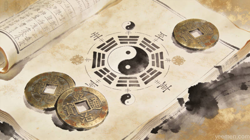 天干地支符号与太极图案的传统文化元素组合，宣纸纹理背景