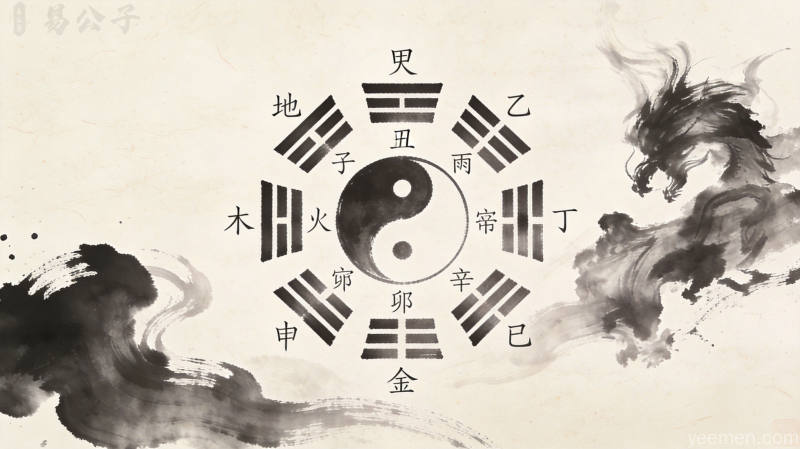古典命盘图解，八字五行生克关系示意图，宣纸纹理背景呈现学术厚重感