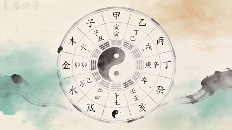 传统命理文化插图，流年干支与命局关系图，水墨渐变风格意境悠远