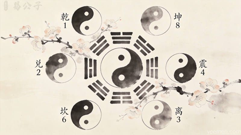 梅花易数入门:数字起卦的原理与实操 3 传统占筮文化插图,八卦与五行元素结合,古籍书页质感