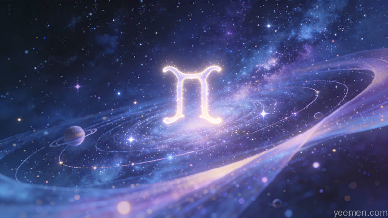 双子座配对观察:风象星座间的思维共振与元素互补分析 1 星空梦幻风格的双子座符号图案,深蓝紫色背景中银河星光环绕