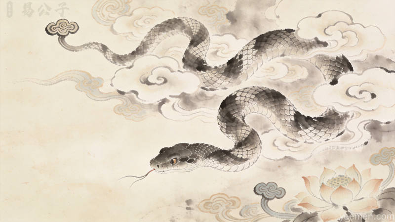 传统典籍中蛇意象的抽象表达，水墨晕染呈现变化与转化的文化符号