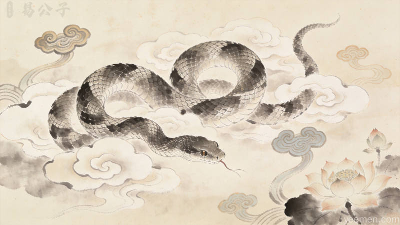 白蛇祥瑞意象的艺术呈现，金色与墨色交织的传统吉祥纹样